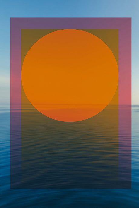 SEASCAPE AND ORANGE CIRCLE: A photograph of a large orange sun setting over a blue ocean. The sun is almost completely out of view, with only a small sliver of it visible above the horizon. The sky is a pale blue, and the water is a deep blue.