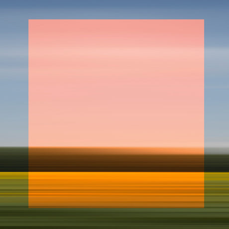 SUNSET 1: This is an abstract photograph of a landscape with a blurred horizon. The sky is a pale pink with hints of white clouds, while the foreground is a vibrant orange, suggesting a sunset. The image is composed of horizontal lines, creating a sense of movement and depth.