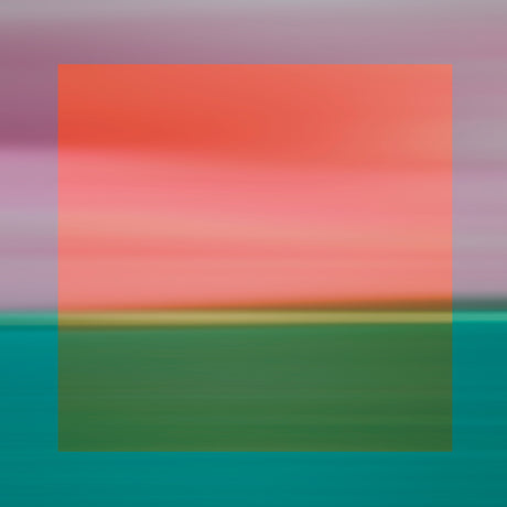 UNTITLED LANDSCAPE 4: This image features a blurred landscape with a focus on the colors pink, green, and blue. The background is a light purple, transitioning into a bright pink rectangle, which then gives way to a thin green stripe followed by a darker green rectangle. The bottom of the image is a solid teal. The blurring effect creates a soft, dreamy aesthetic.