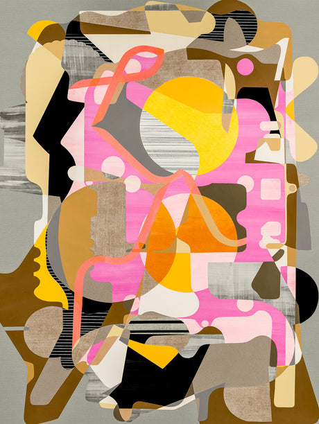 IN THE BAG: A contemporary abstract painting featuring a vibrant color palette of pink, yellow, and brown. The artwork is composed of overlapping geometric shapes and forms, creating a dynamic and energetic composition. The use of texture and layering adds depth and dimension to the piece.