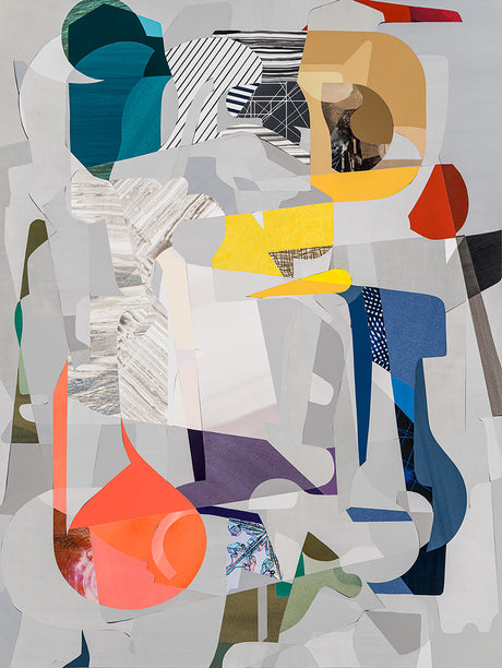 WHAT ARE THE ODDS: An abstract collage artwork featuring geometric shapes and patterns in vibrant colors. The composition is dominated by a large gray shape with overlapping layers of various shapes, including circles, rectangles, and triangles. The artwork showcases a mix of textures and patterns, creating a visually captivating and dynamic abstract design.