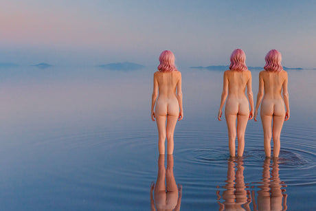 CROSSOVER DREAMS I: A group of women, naked, are standing in a body of water. The women appear to be engaging in an activity or ritual within the water.