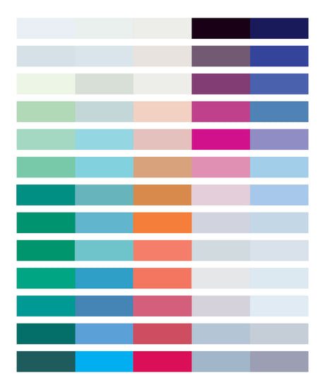 CLOUD 9: This color palette chart features various shades of teal, blue, pink, and orange arranged in a grid. Each row shows a gradient from dark to light within a single color family.