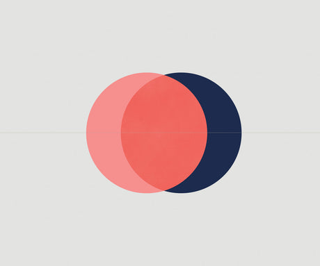 ECLIPSE 12: This image features two overlapping circles on a white background. The larger circle is a shade of pink, with a slightly lighter pink circle overlapping it. A smaller, navy blue circle overlaps both pink circles. A subtle white line divides the background from the foreground, creating a sense of depth.