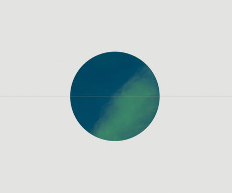 ECLIPSE 13: A simple digital image featuring a single, round, blue and green sphere. The sphere is centered on a white background with a thin white line dividing the image in half horizontally. The sphere appears to be made of a soft, gradient material, transitioning from a deep blue to a lighter green hue.