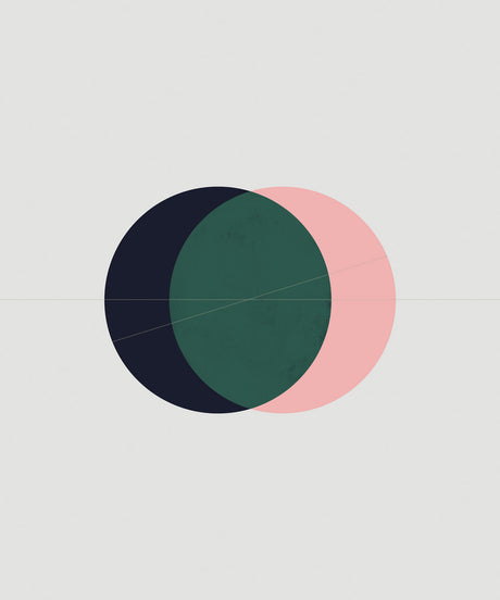 ECLIPSE 1: This image features an abstract design composed of three overlapping circles in navy blue, forest green, and pink. The circles are arranged in a simple, yet visually appealing manner, creating a sense of balance and harmony. The design is set against a clean white background, enhancing the vibrancy of the colors.