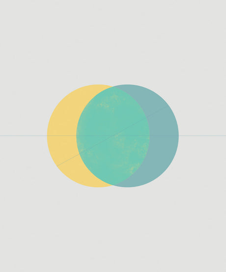 ECLIPSE 2: This image is an abstract minimalist design featuring three overlapping circles. The largest circle is a pale blue, with a yellow circle partially overlapping it from the left, and a smaller, bright green circle overlapping both the blue and yellow circles. The background is white.