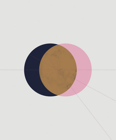 ECLIPSE 4: This digital illustration features three overlapping circles in navy blue, light pink, and brown against a white background. The circles are partially overlapping, creating a dynamic visual effect. The image is further enhanced by thin, white lines emanating from the central point of the composition.