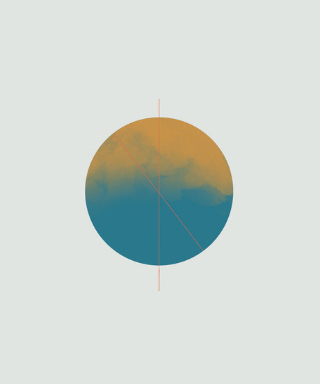 ECLIPSE 6: A simple, minimalist design featuring a large, circular shape with a blue and yellow gradient. The circle is bisected by thin, horizontal red lines. The background is a light gray.