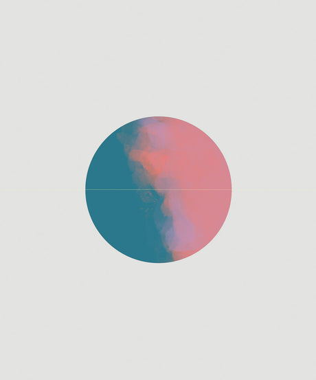 ECLIPSE 7: A circular design featuring a teal and pink watercolor pattern on a white background. The circle is divided in half, with the teal color on the left and the pink on the right. The colors blend together in a soft, abstract pattern.