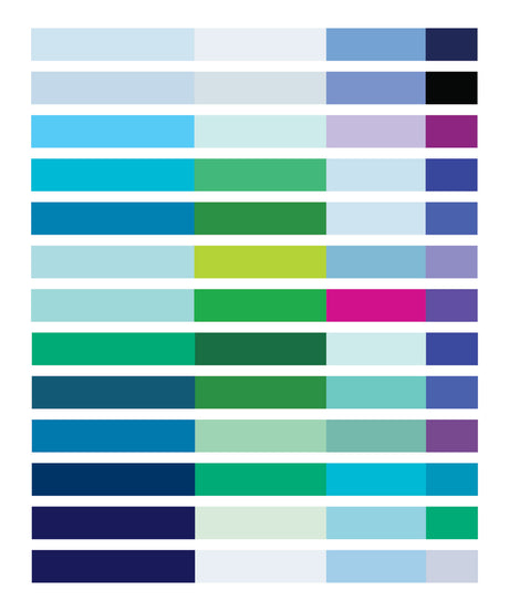 LITTLE NELL: A color palette chart with various shades of blue, green, and purple. The chart is organized into rows, each row containing three color swatches. The color swatches are arranged in a specific order, starting with a light shade and moving towards a darker shade.