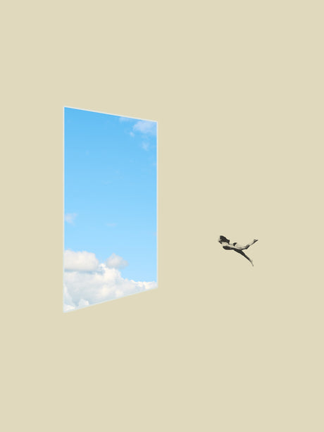 SWIMMING: A person jumps through a window frame that reveals a blue sky with white clouds. The window is a square frame with a perspective that makes it look like a portal to another world.