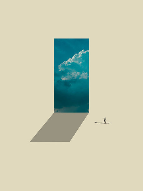 WATERWALK: An abstract image with a person standing on a narrow plank. The plank is positioned in front of a large doorway, the portal revealing a vivid blue sky with a fluffy white cloud. The image is reminiscent of a surreal dreamscape or a metaphorical journey into the unknown.