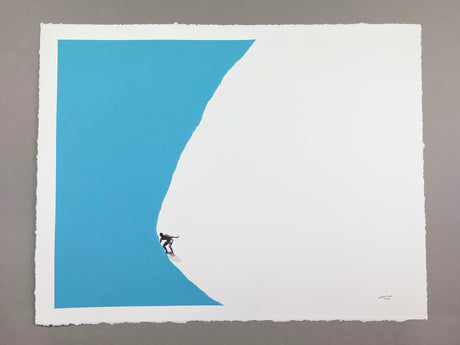 burly BREAKER: A minimalist illustration of a lone surfer riding a giant wave. The surfer is small in comparison to the wave, highlighting the immense size of the wave. The background is white, creating a stark contrast to the blue wave. This simple yet powerful image evokes a sense of solitude and the vastness of the ocean.