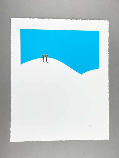 do YOU come HERE often: This image depicts two people skiing on a snowy mountaintop. The sky is a clear blue, and the mountainside is covered in white snow. The skiers are small in the distance, but their figures are clearly visible against the bright backdrop. This image evokes a sense of peace and tranquility, with the vast expanse of snow and sky providing a sense of freedom and isolation.