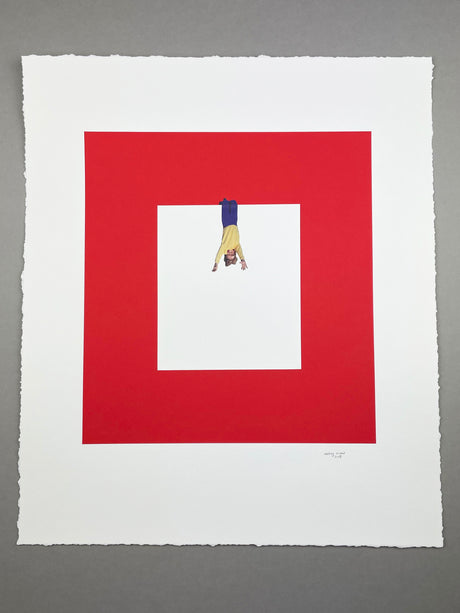 hang IN there: A minimalist art print featuring a person hanging upside down in a white square, which is itself inside a larger red square. The print is on a white background with a textured edge.