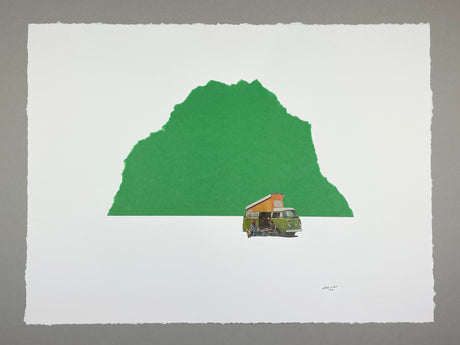 happy CAMPERS: This is a print of a painting featuring a camper van in front of a green mountain. The mountain is a large, simple shape that takes up most of the background. The van is a small, detailed figure in the foreground. The overall effect is simple and minimalist.