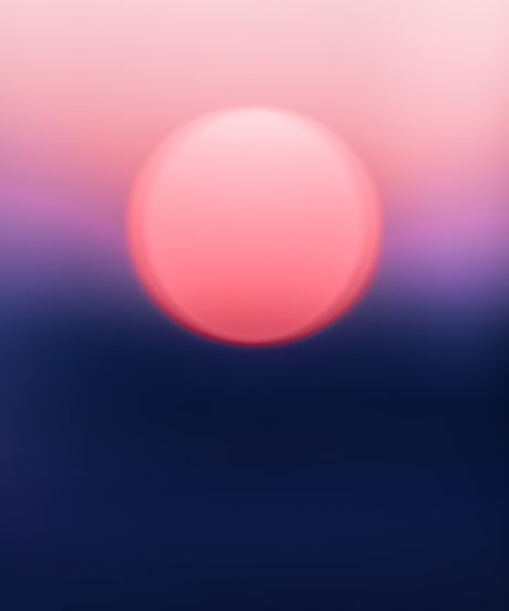 ENDLESS SUMMER NO7: A blurry photograph captures a beautiful sunset. The sun is a large, pink orb in the sky, set against a deep blue horizon. The colors are soft and muted, creating a sense of peace and tranquility.