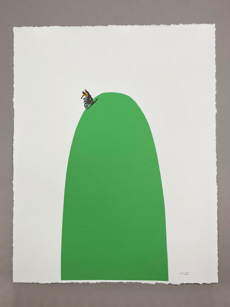 the THINGS you DO for LOVE: The artwork features a simple, minimalist design with a person depicted sitting on a green hill. The hill is shaped like a curved arch, and the person is stylized with a black outline and a yellow highlight. The artwork is set against a white background, creating a stark contrast that highlights the simplicity of the design.