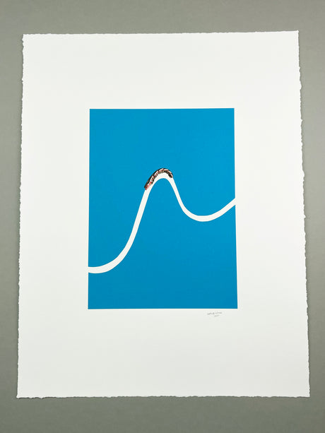 the  UPS and DOWNS: A white line drawn on a blue background, with a small brown caterpillar crossing the line near its peak. The image is a simple and abstract representation of a journey or a challenge. The caterpillar, often seen as a symbol of transformation and growth, adds a sense of optimism and hope to the overall composition.