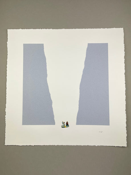 through THE canyon: This minimalist artwork features two figures in a small boat positioned between two large, blue, vertical mountains. The figures appear tiny in comparison to the mountains, emphasizing the vastness of the landscape. The artwork is printed on a white background with a textured, hand-torn border.